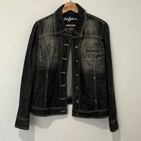 Stefanel Womens Black Demin Jean Jacket Size 10 Large Distressed Punk Goth Rock - Picture 4 of 16